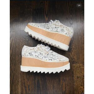 Stella McCartney White Lace Platform Oxfords with Wood Detail EU 39